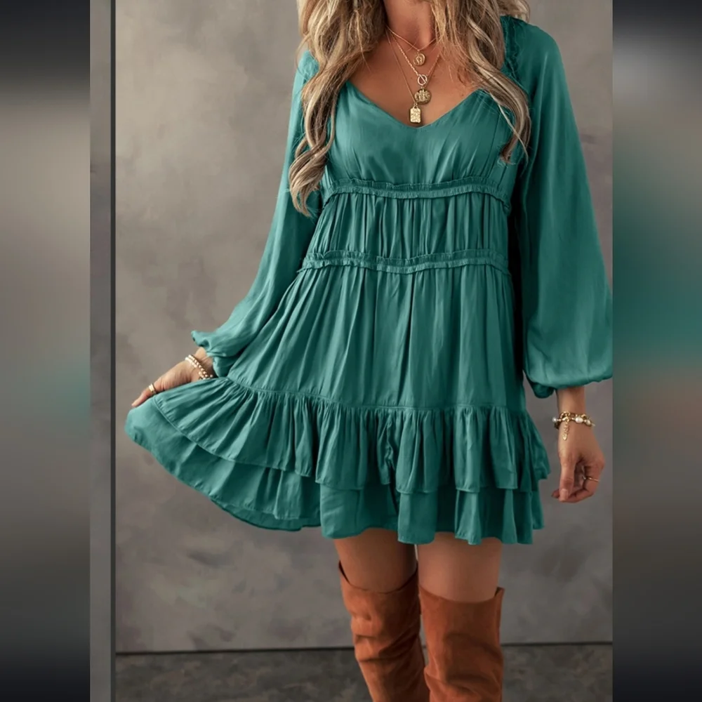 Teal Ruffle Babydoll Mini Dress - Picture 5 of 6
